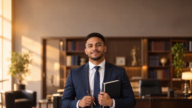 Advogado sorrindo, com terno azul-marinho e camisa branca, segurando um livro de capa lisa e uma caneta, em um escritório de advocacia elegante com estantes de livros