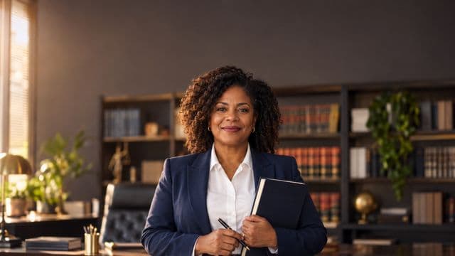 Advogada sorrindo, com terno azul-marinho e camisa branca, segurando um livro de capa lisa e uma caneta, em um escritório de advocacia elegante com estantes de livros