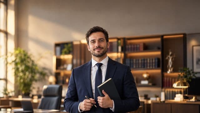 Advogado sorrindo, com terno azul-marinho e camisa branca, segurando um livro de capa lisa e uma caneta, em um escritório de advocacia elegante com estantes de livros