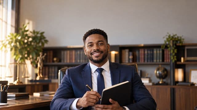 Advogado sorrindo, com terno azul-marinho e camisa branca, segurando um livro de capa lisa e uma caneta, em um escritório de advocacia elegante com estantes de livros