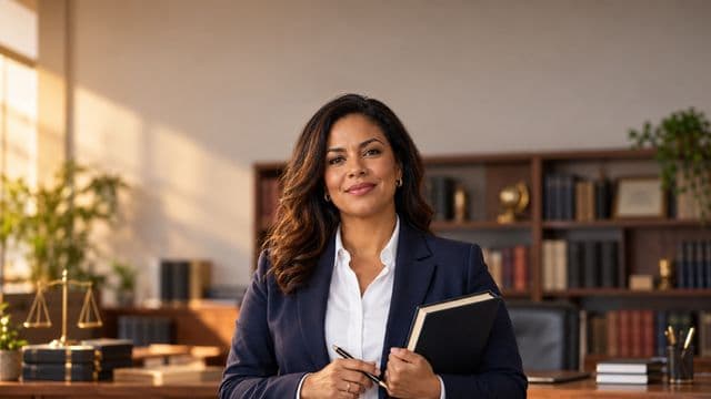 Advogada sorrindo, com terno azul-marinho e camisa branca, segurando um livro de capa lisa e uma caneta, em um escritório de advocacia elegante com estantes de livros