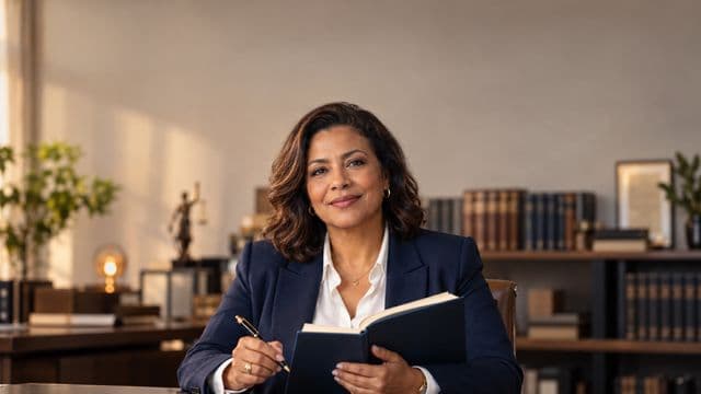 Advogada sorrindo, com terno azul-marinho e camisa branca, segurando um livro de capa lisa e uma caneta, em um escritório de advocacia elegante com estantes de livros