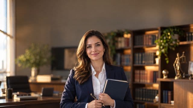 Advogada sorrindo, com terno azul-marinho e camisa branca, segurando um livro de capa lisa e uma caneta, em um escritório de advocacia elegante com estantes de livros