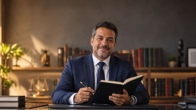 Advogado sorrindo, com terno azul-marinho e camisa branca, segurando um livro de capa lisa e uma caneta, em um escritório de advocacia elegante com estantes de livros