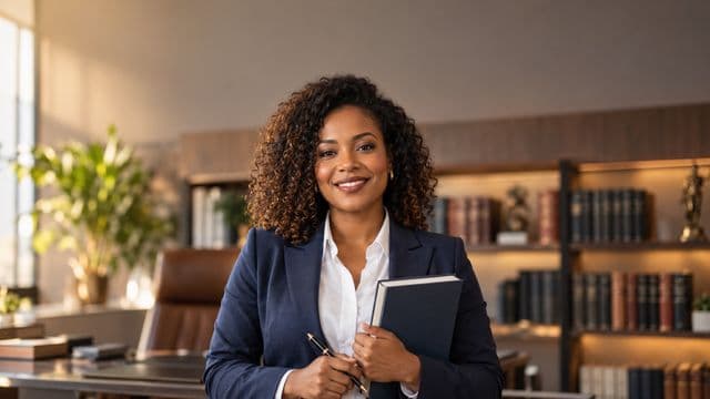 Advogada sorrindo, com terno azul-marinho e camisa branca, segurando um livro de capa lisa e uma caneta, em um escritório de advocacia elegante com estantes de livros