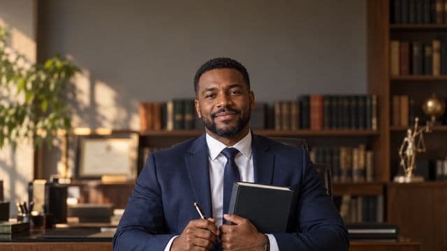 Advogado sorrindo, com terno azul-marinho e camisa branca, segurando um livro de capa lisa e uma caneta, em um escritório de advocacia elegante com estantes de livros