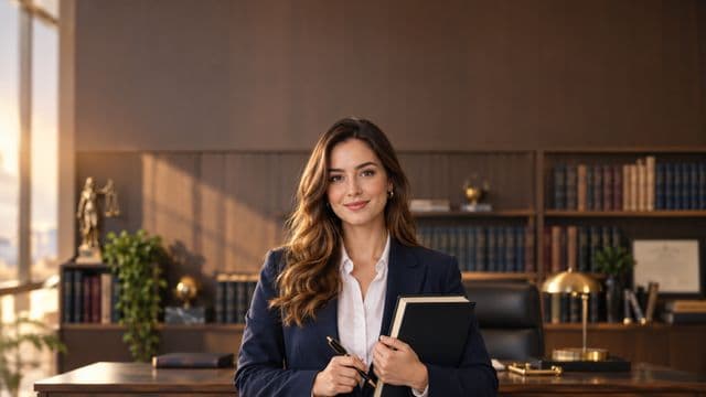 Advogada sorrindo, com terno azul-marinho e camisa branca, segurando um livro de capa lisa e uma caneta, em um escritório de advocacia elegante com estantes de livros