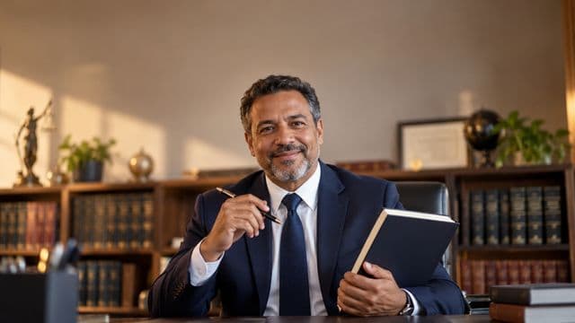 Advogado sorrindo, com terno azul-marinho e camisa branca, segurando um livro de capa lisa e uma caneta, em um escritório de advocacia elegante com estantes de livros