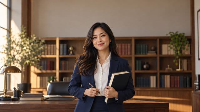 Advogada sorrindo, com terno azul-marinho e camisa branca, segurando um livro de capa lisa e uma caneta, em um escritório de advocacia elegante com estantes de livros