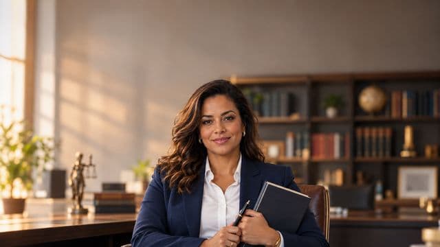 Advogada sorrindo, com terno azul-marinho e camisa branca, segurando um livro de capa lisa e uma caneta, em um escritório de advocacia elegante com estantes de livros