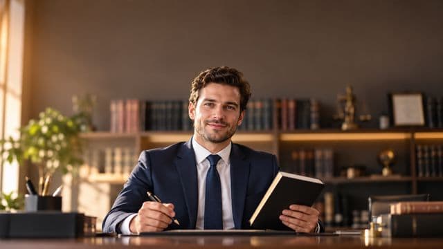 Advogado sorrindo, com terno azul-marinho e camisa branca, segurando um livro de capa lisa e uma caneta, em um escritório de advocacia elegante com estantes de livros