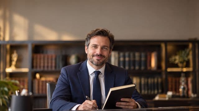 Advogado sorrindo, com terno azul-marinho e camisa branca, segurando um livro de capa lisa e uma caneta, em um escritório de advocacia elegante com estantes de livros