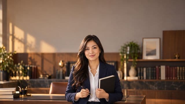 Advogada sorrindo, com terno azul-marinho e camisa branca, segurando um livro de capa lisa e uma caneta, em um escritório de advocacia elegante com estantes de livros