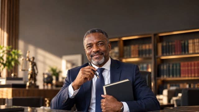 Advogado sorrindo, com terno azul-marinho e camisa branca, segurando um livro de capa lisa e uma caneta, em um escritório de advocacia elegante com estantes de livros