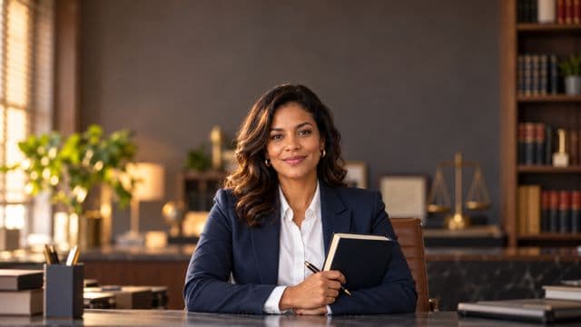 Advogada sorrindo, com terno azul-marinho e camisa branca, segurando um livro de capa lisa e uma caneta, em um escritório de advocacia elegante com estantes de livros