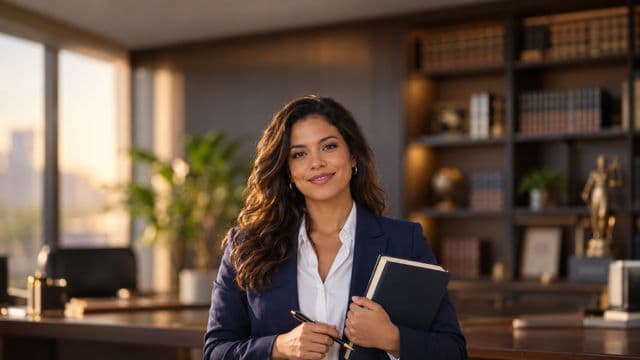 Advogada sorrindo, com terno azul-marinho e camisa branca, segurando um livro de capa lisa e uma caneta, em um escritório de advocacia elegante com estantes de livros