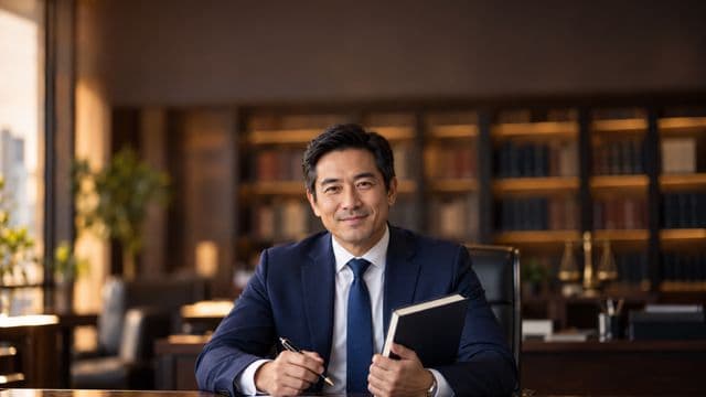 Advogado sorrindo, com terno azul-marinho e camisa branca, segurando um livro de capa lisa e uma caneta, em um escritório de advocacia elegante com estantes de livros