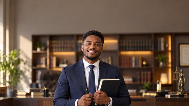 Advogado sorrindo, com terno azul-marinho e camisa branca, segurando um livro de capa lisa e uma caneta, em um escritório de advocacia elegante com estantes de livros
