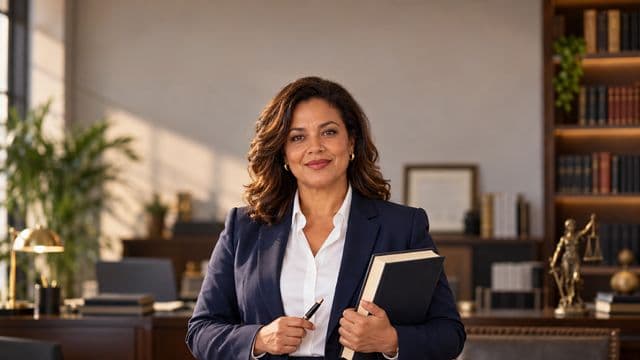 Advogada sorrindo, com terno azul-marinho e camisa branca, segurando um livro de capa lisa e uma caneta, em um escritório de advocacia elegante com estantes de livros