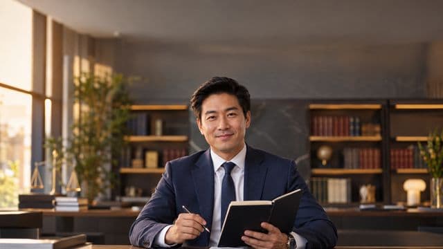 Advogado sorrindo, com terno azul-marinho e camisa branca, segurando um livro de capa lisa e uma caneta, em um escritório de advocacia elegante com estantes de livros