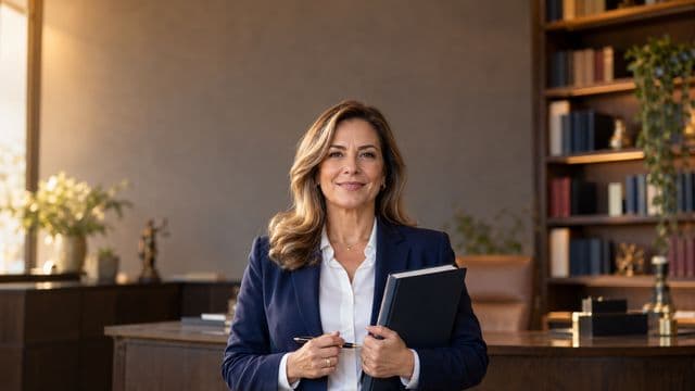 Advogada sorrindo, com terno azul-marinho e camisa branca, segurando um livro de capa lisa e uma caneta, em um escritório de advocacia elegante com estantes de livros