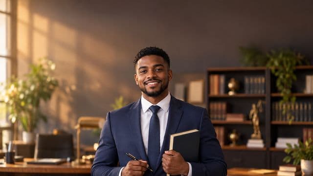 Advogado sorrindo, com terno azul-marinho e camisa branca, segurando um livro de capa lisa e uma caneta, em um escritório de advocacia elegante com estantes de livros