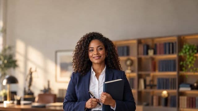 Advogada sorrindo, com terno azul-marinho e camisa branca, segurando um livro de capa lisa e uma caneta, em um escritório de advocacia elegante com estantes de livros