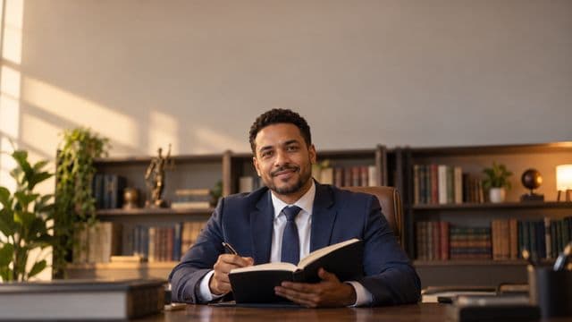 Advogado sorrindo, com terno azul-marinho e camisa branca, segurando um livro de capa lisa e uma caneta, em um escritório de advocacia elegante com estantes de livros
