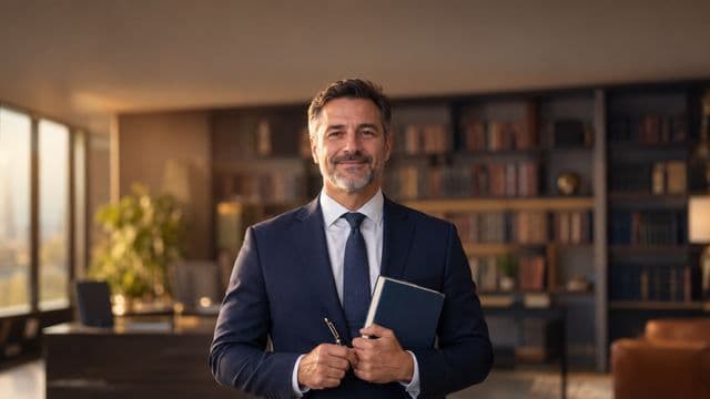 Advogado sorrindo, com terno azul-marinho e camisa branca, segurando um livro de capa lisa e uma caneta, em um escritório de advocacia elegante com estantes de livros