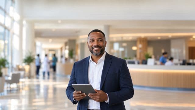 Gestor hospitalar sorrindo, com blazer azul-marinho sobre camisa branca, segurando um tablet, em a recepção de um hospital moderno