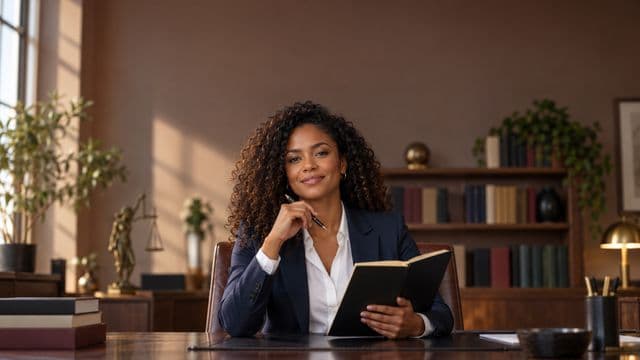 Advogada sorrindo, com terno azul-marinho e camisa branca, segurando um livro de capa lisa e uma caneta, em um escritório de advocacia elegante com estantes de livros
