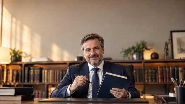 Advogado sorrindo, com terno azul-marinho e camisa branca, segurando um livro de capa lisa e uma caneta, em um escritório de advocacia elegante com estantes de livros