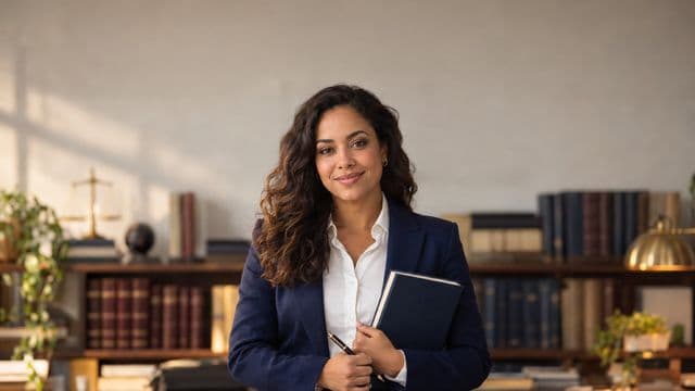 Advogada sorrindo, com terno azul-marinho e camisa branca, segurando um livro de capa lisa e uma caneta, em um escritório de advocacia elegante com estantes de livros