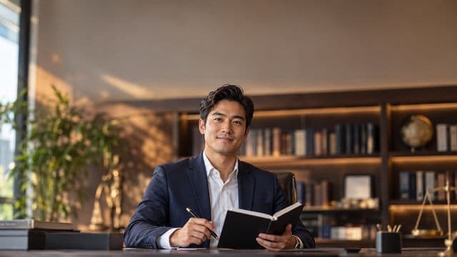 Advogado sorrindo, com terno azul-marinho e camisa branca, segurando um livro de capa lisa e uma caneta, em um escritório de advocacia elegante com estantes de livros