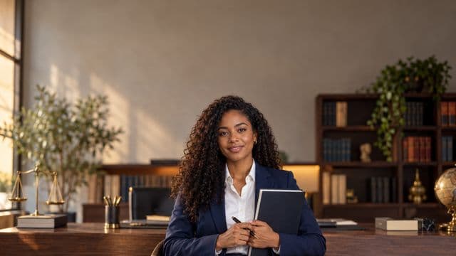Advogada sorrindo, com terno azul-marinho e camisa branca, segurando um livro de capa lisa e uma caneta, em um escritório de advocacia elegante com estantes de livros