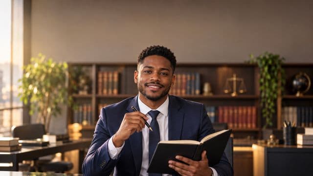 Advogado sorrindo, com terno azul-marinho e camisa branca, segurando um livro de capa lisa e uma caneta, em um escritório de advocacia elegante com estantes de livros