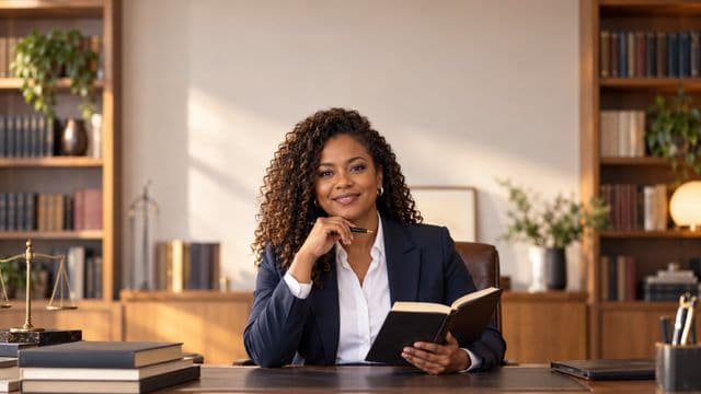 Advogada sorrindo, com terno azul-marinho e camisa branca, segurando um livro de capa lisa e uma caneta, em um escritório de advocacia elegante com estantes de livros