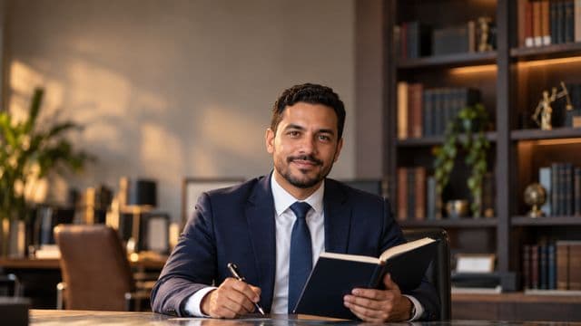 Advogado sorrindo, com terno azul-marinho e camisa branca, segurando um livro de capa lisa e uma caneta, em um escritório de advocacia elegante com estantes de livros