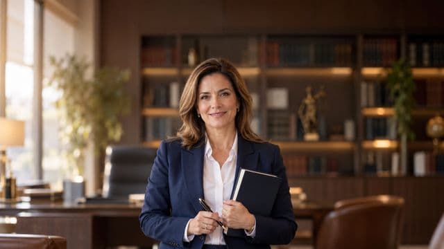 Advogada sorrindo, com terno azul-marinho e camisa branca, segurando um livro de capa lisa e uma caneta, em um escritório de advocacia elegante com estantes de livros