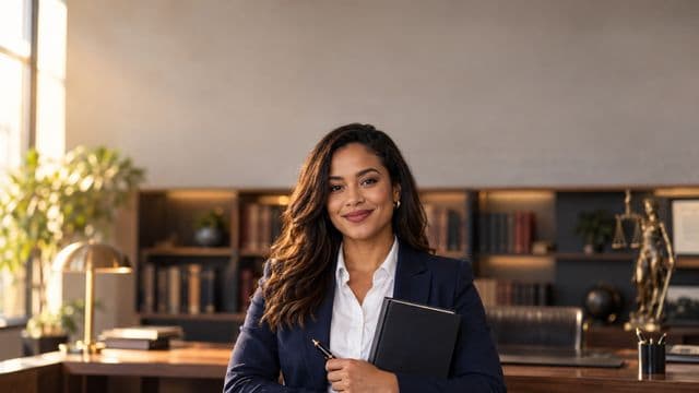 Advogada sorrindo, com terno azul-marinho e camisa branca, segurando um livro de capa lisa e uma caneta, em um escritório de advocacia elegante com estantes de livros