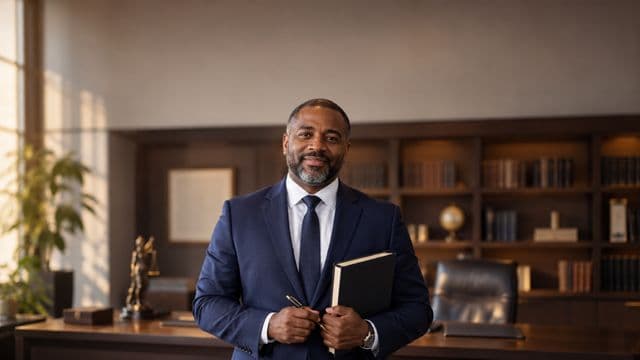 Advogado sorrindo, com terno azul-marinho e camisa branca, segurando um livro de capa lisa e uma caneta, em um escritório de advocacia elegante com estantes de livros