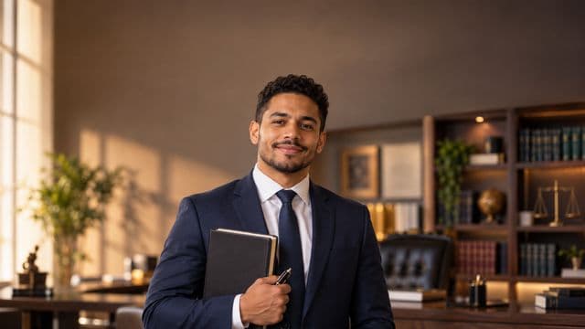 Advogado sorrindo, com terno azul-marinho e camisa branca, segurando um livro de capa lisa e uma caneta, em um escritório de advocacia elegante com estantes de livros