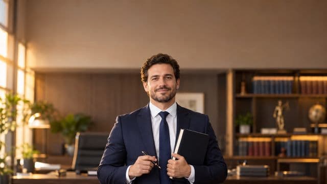 Advogado sorrindo, com terno azul-marinho e camisa branca, segurando um livro de capa lisa e uma caneta, em um escritório de advocacia elegante com estantes de livros