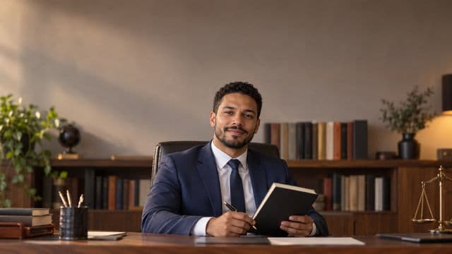 Advogado sorrindo, com terno azul-marinho e camisa branca, segurando um livro de capa lisa e uma caneta, em um escritório de advocacia elegante com estantes de livros