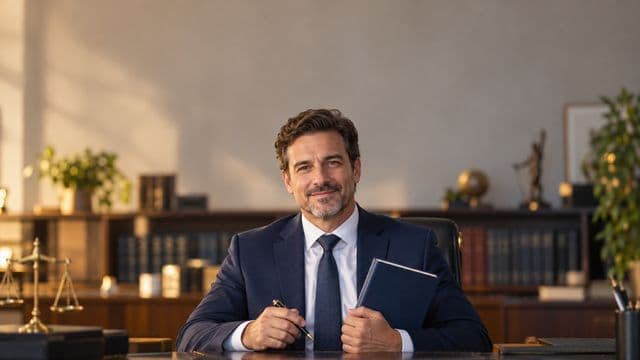 Advogado sorrindo, com terno azul-marinho e camisa branca, segurando um livro de capa lisa e uma caneta, em um escritório de advocacia elegante com estantes de livros