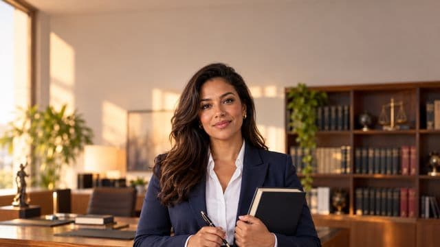 Advogada sorrindo, com terno azul-marinho e camisa branca, segurando um livro de capa lisa e uma caneta, em um escritório de advocacia elegante com estantes de livros