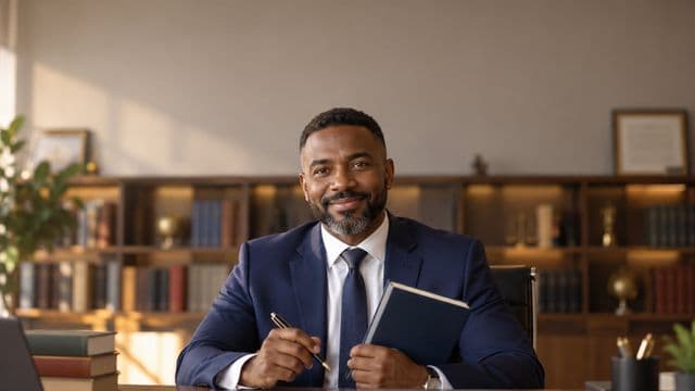 Advogado sorrindo, com terno azul-marinho e camisa branca, segurando um livro de capa lisa e uma caneta, em um escritório de advocacia elegante com estantes de livros