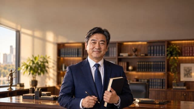Advogado sorrindo, com terno azul-marinho e camisa branca, segurando um livro de capa lisa e uma caneta, em um escritório de advocacia elegante com estantes de livros