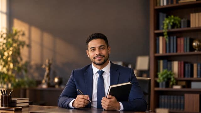 Advogado sorrindo, com terno azul-marinho e camisa branca, segurando um livro de capa lisa e uma caneta, em um escritório de advocacia elegante com estantes de livros