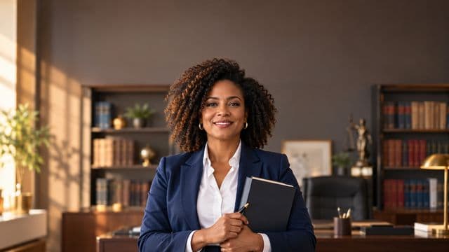 Advogada sorrindo, com terno azul-marinho e camisa branca, segurando um livro de capa lisa e uma caneta, em um escritório de advocacia elegante com estantes de livros
